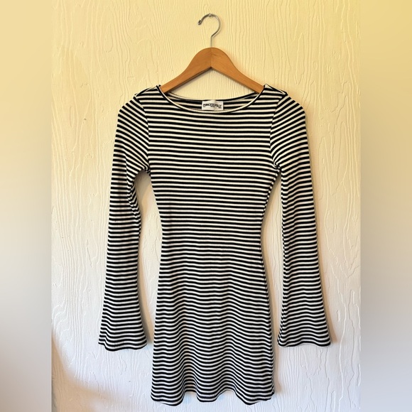 Princess Polly Bryanna Stripe Black White Bell Flare Sleeve Ribbed Mini Dress - Picture 7 of 12